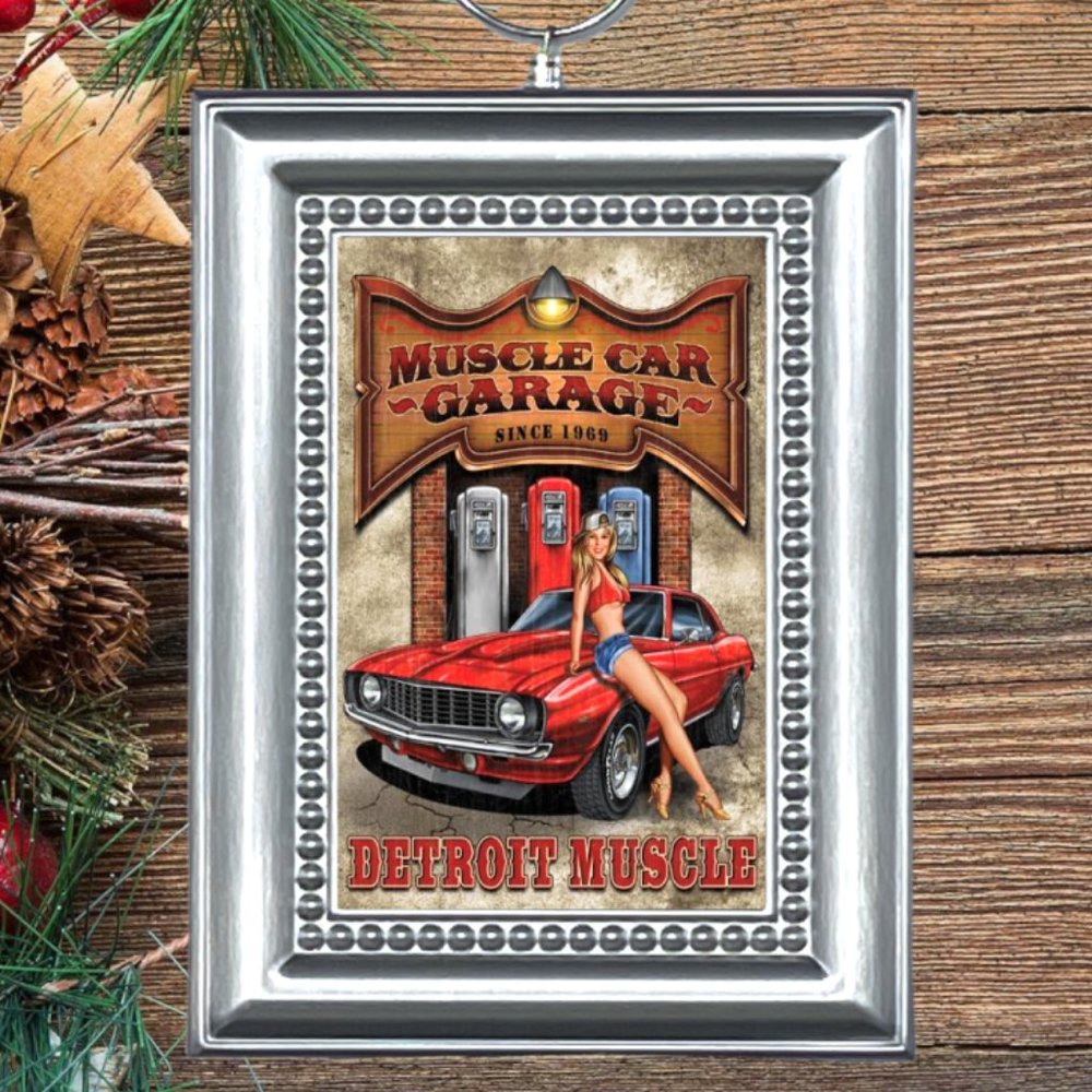 Detroit Muscle Car Garage Pin Up Girl Retro Nostalgic Christmas Tree Ornament